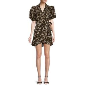 WeWoreWhat Women's Black Yellow Puff Sleeve Floral Wrap Mini Dress Size Medium